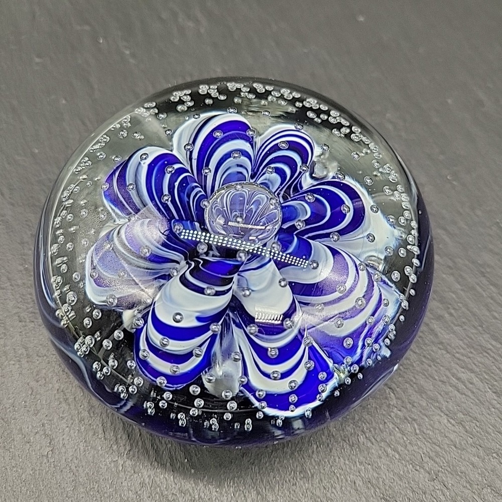 Glass Paperweight - Blue + White Design with Lots of Small Bubbles 3.5" 1lb 8oz
